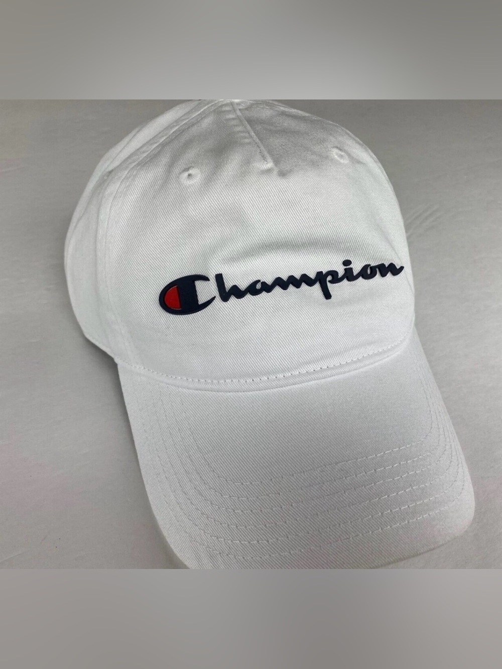 Champion White Baseball Cap with Navy Script and Red Accent